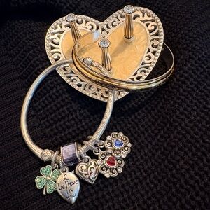 Brighton Silver Charm Bangle Bracelet with Charms, two tone cuff and ring holder